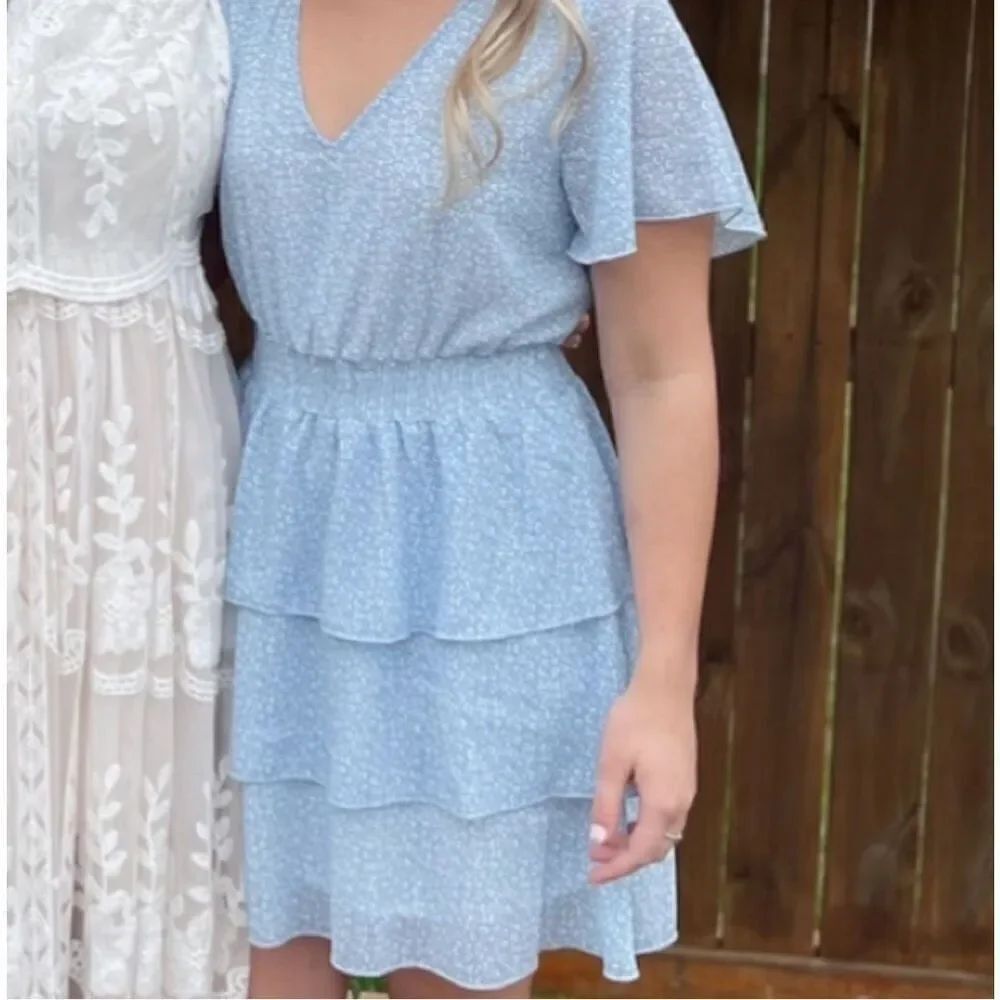 Womens Altar’d State Baby Blue Tiered Ditsy Floral Print Flutter Dress - Sz L